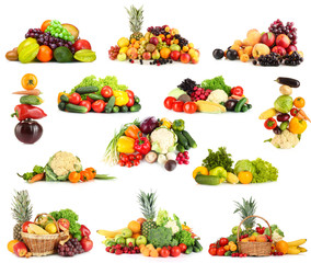 Collage de fruits et légumes isolés sur blanc