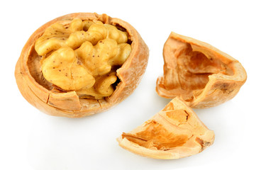 Broken walnut isolated on white