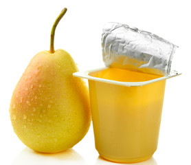 Tasty yogurt in open plastic cup isolated on white