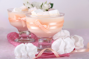 Tasty yogurt with marshmallows, close up