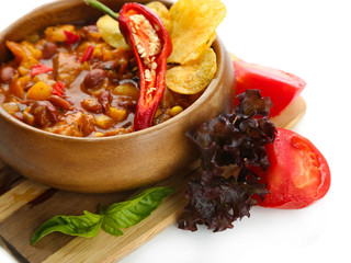 Chili Corn Carne - traditional mexican food, in wooden bowl,