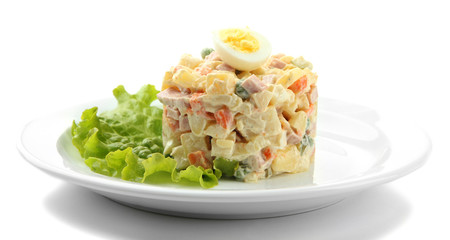 Russian traditional salad Olivier, isolated on white