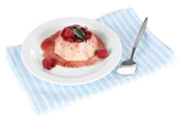 Panna Cotta with raspberry sauce, isolated on white