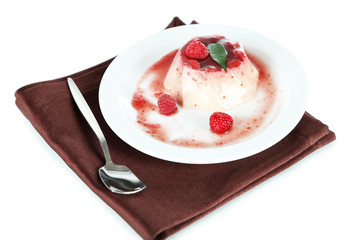Panna Cotta with raspberry sauce, isolated on white