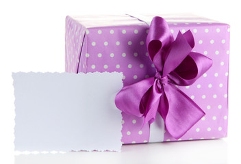 Gift box with blank label isolated on white