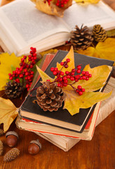 Books and autumn leaves on wooden table close-up