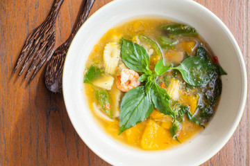 Thai food, Kang liang, Shrimp mushhroom and vegetable on table