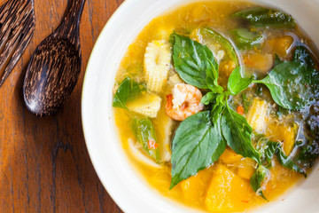 Thai food, Kang liang, Shrimp mushhroom and vegetable on table