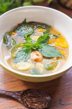 Thai food, Kang liang, Shrimp mushhroom and vegetable on table