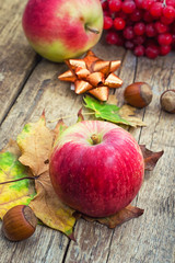 Ripe,sweet apple autumn harvest and fallen leaves
