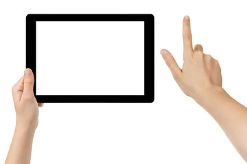 female teen hands using tablet pc with white screen