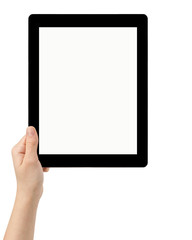 female teen hand using tablet pc with white screen