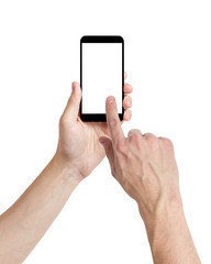 adult man hands using mobile phone with white screen