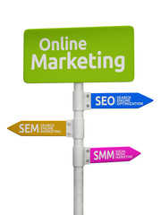 Online Marketing road sign pointing to SEO, SEM and SMM