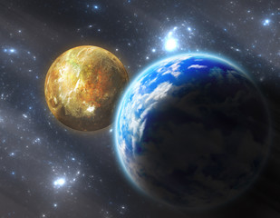 Digital Illustration Earth-like planet with moon