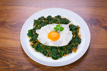 Plate of fried egg on healthy spinach