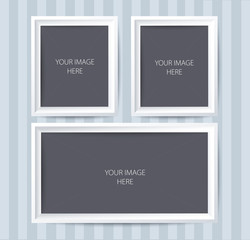 Set of white photo frames on stripes wall.