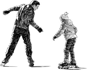 Father and daughter on roller skates