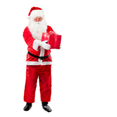 Santa Claus with Christmas Gift Box isolated on White Background