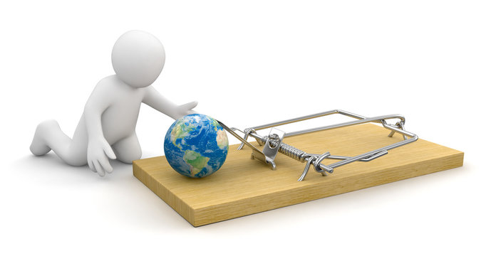 Man and Mousetrap with globe (clipping path included)
