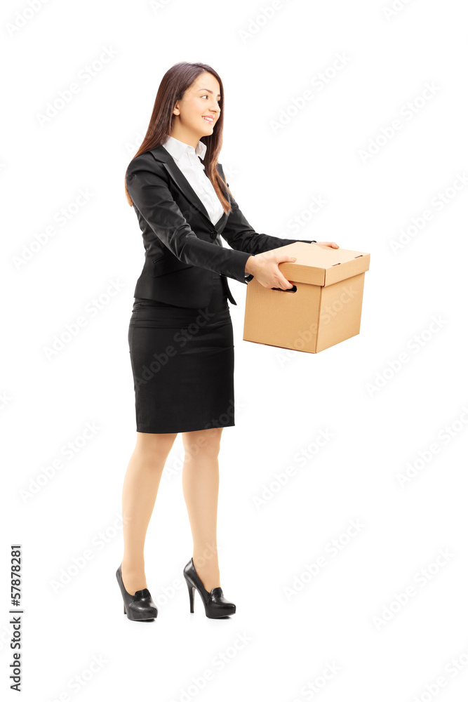 Canvas Prints Smiling young businesswoman giving a box to someone