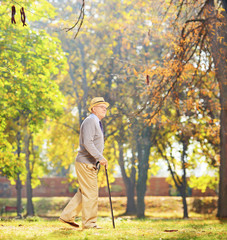 Senior gentleman walking with a cane in a park