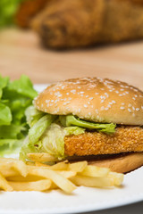 ishburger with french fries.