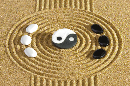 Japanese zen garden with stones of yin and yang