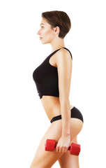 woman with red dumbbell in hand