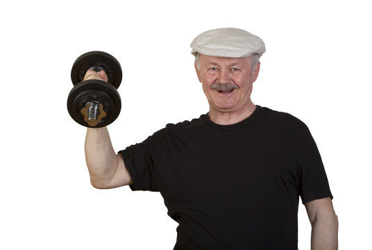 Happy senior man lifting dumbbell