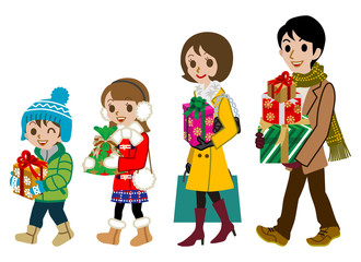 Shopping family, winter, Isolated