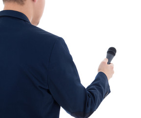 Naklejka premium reporter with microphone isolated on white background