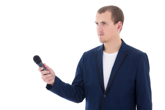 professional male reporter holding a microphone isolated on whit