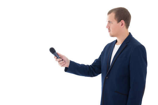 professional reporter holding a microphone isolated on white bac