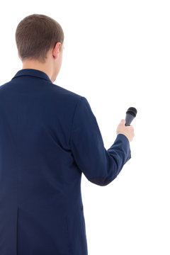 reporter in suit holding microphone isolated on white background