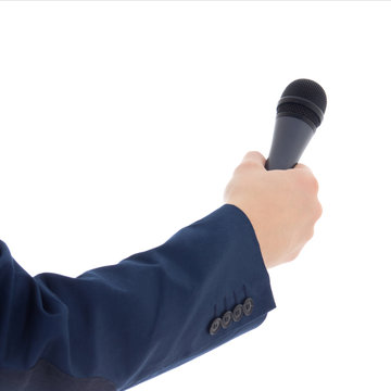 reporter's hand holding a microphone isolated on white