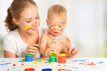 mother and baby paint colors hands dirty