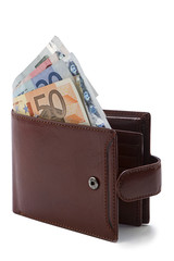 Brown wallet with euro on a white background