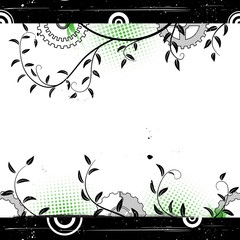 Grunge floral background with concentric circles.