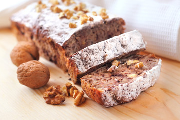 Banana cake with walnuts and dark chocolate