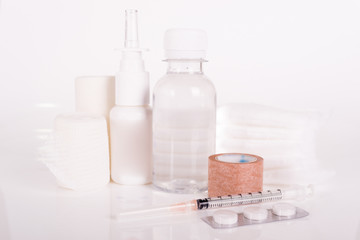 first aid medical essentials on a white background