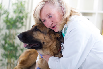 smiling senior veterinarian hugging German shepherd  dog