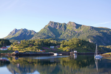 The village by the fjord at sunset