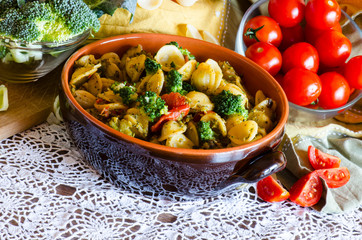 Italian pasta, orecchiette with broccoli, closeup 