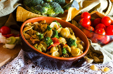 Italian pasta, orecchiette with broccoli, closeup 