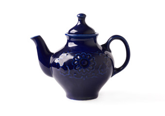 antique porcelain teapot blue on a white background