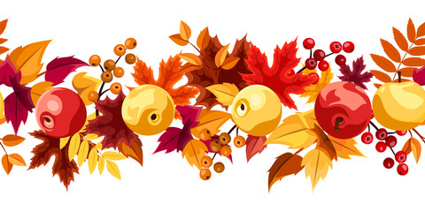 Horizontal seamless background with autumn leaves and apples.