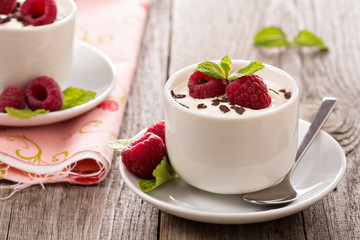 Cream dessert with raspberries