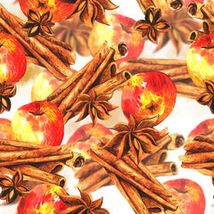 Seamless background with cinnamon and apples