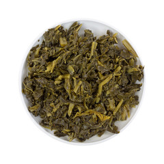 A bowl of collard greens on a white background